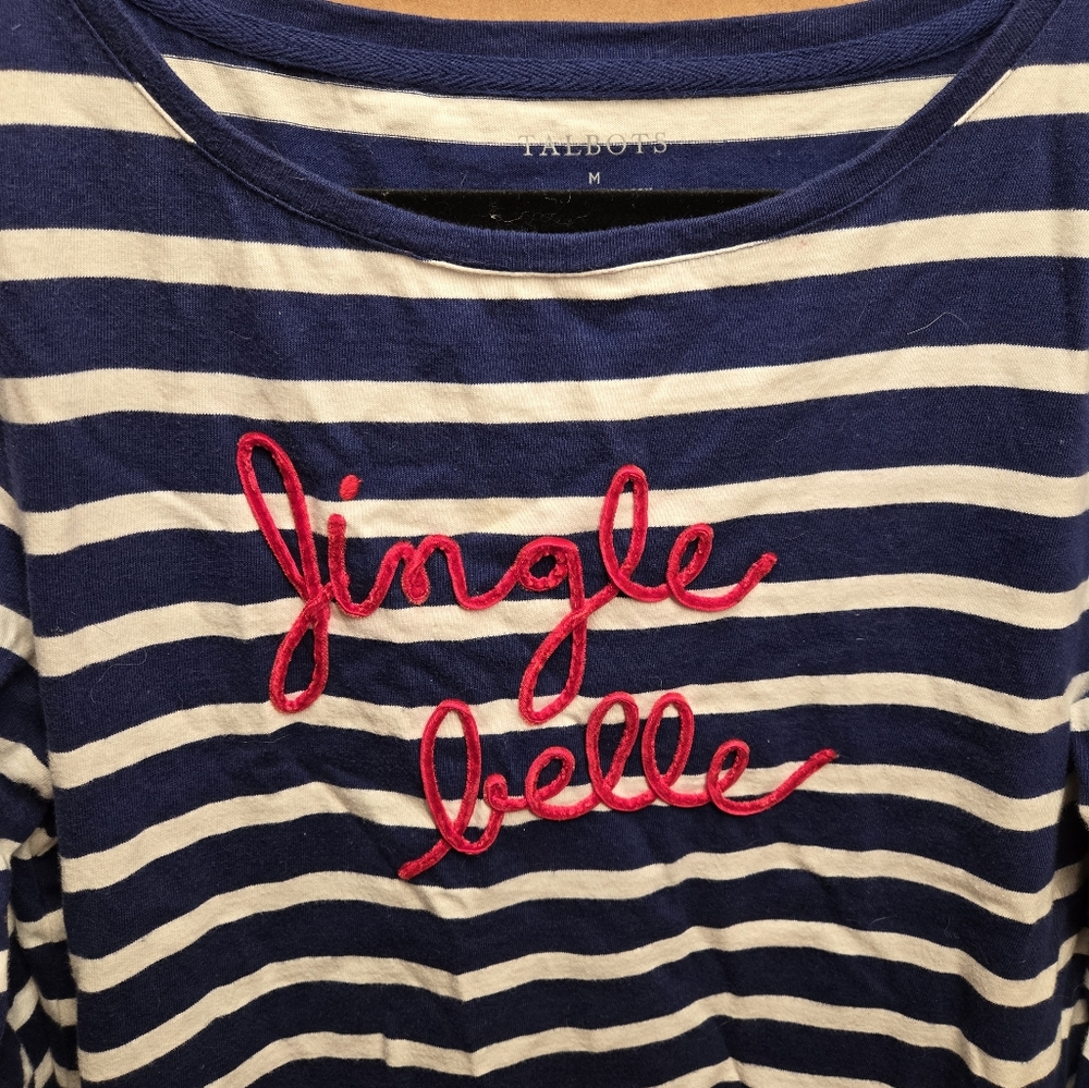Talbots Women's Size Medium Jingle Belle Holidays Blue and White Striped Shirt - Picture 2 of 3